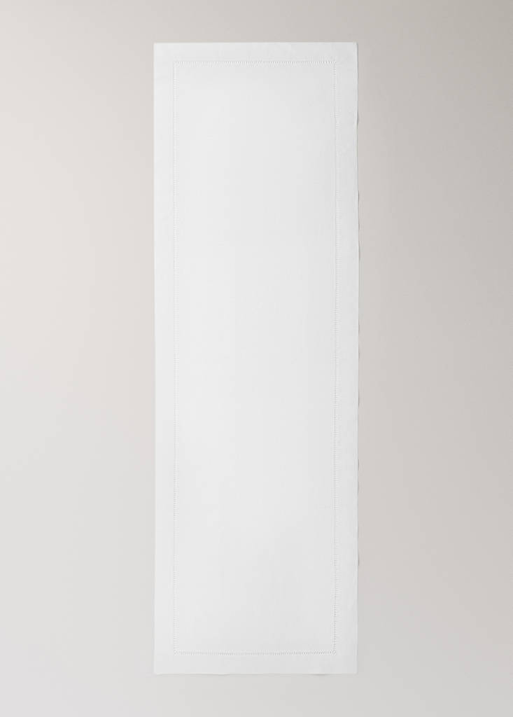 Linen table runner with embroidered hemstitch — White