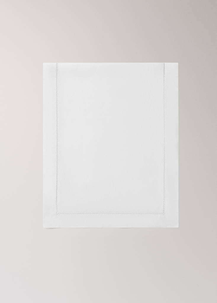 Linen table runner with embroidered hemstitch — White