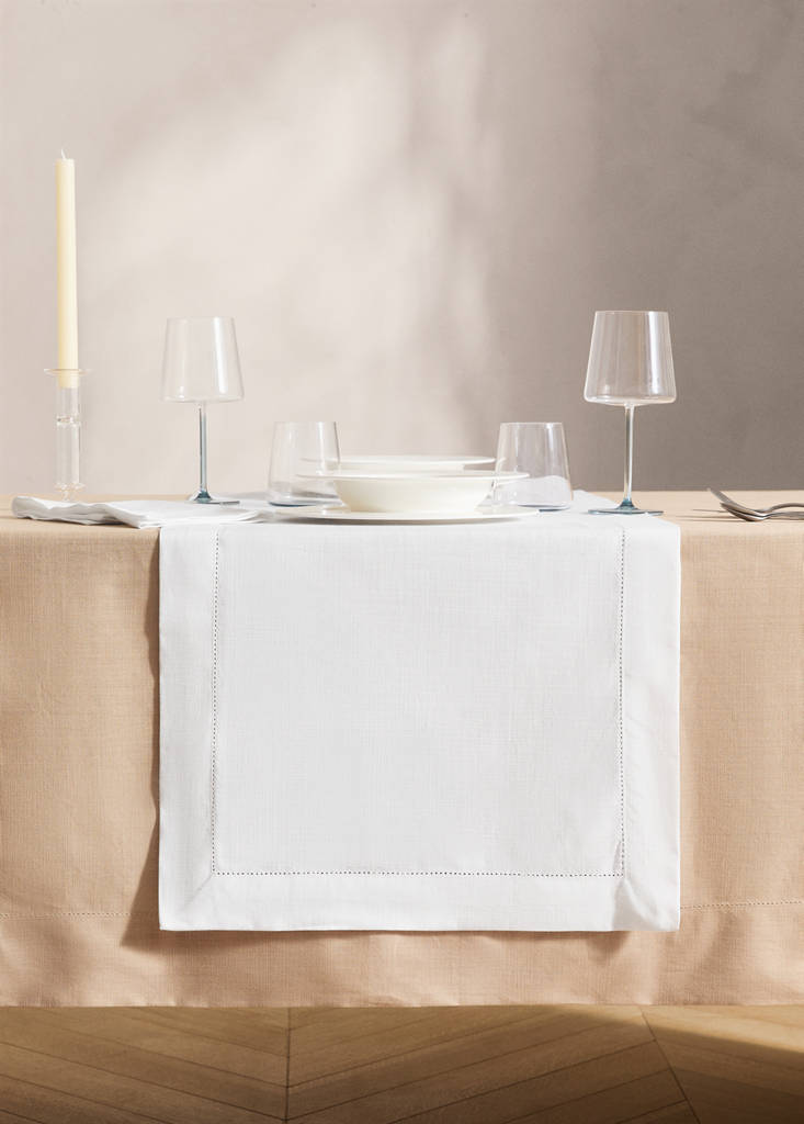 Cotton table runner with drawn threadwork