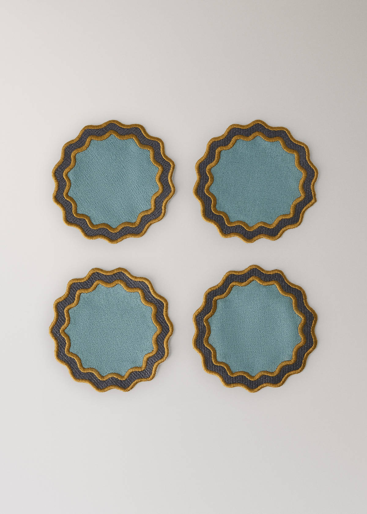 Two-tone waved coated cotton coasters — Turquoise