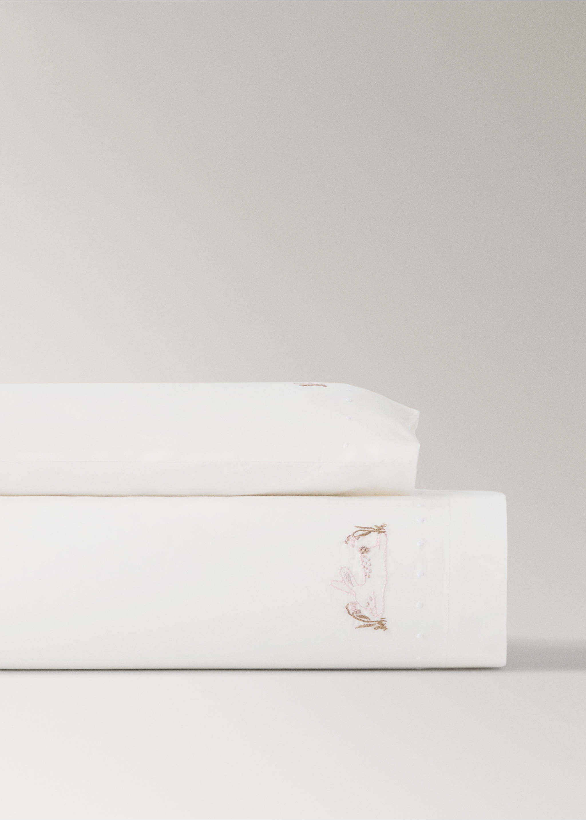 White bed sheet set with delicate embroidered pink and brown motifs., Medium Brown. Ref: 37092559-00.