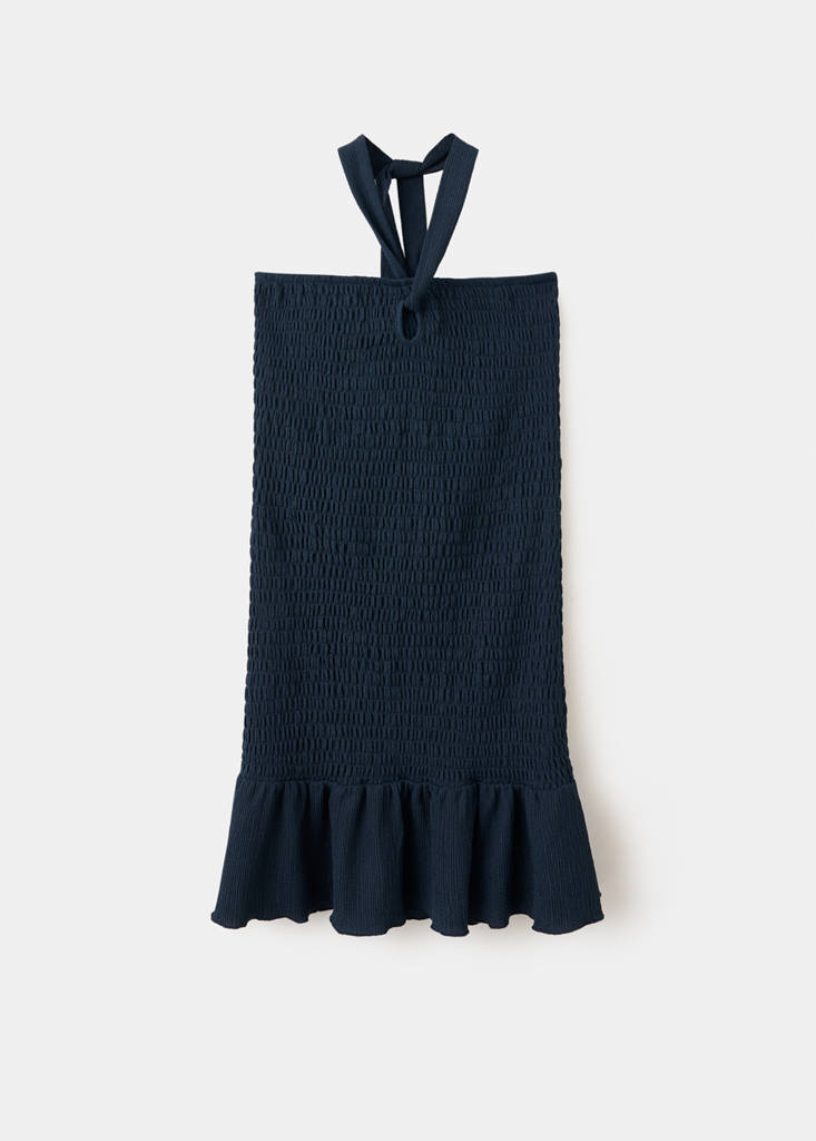 Ruched short dress with flounce hem — Navy