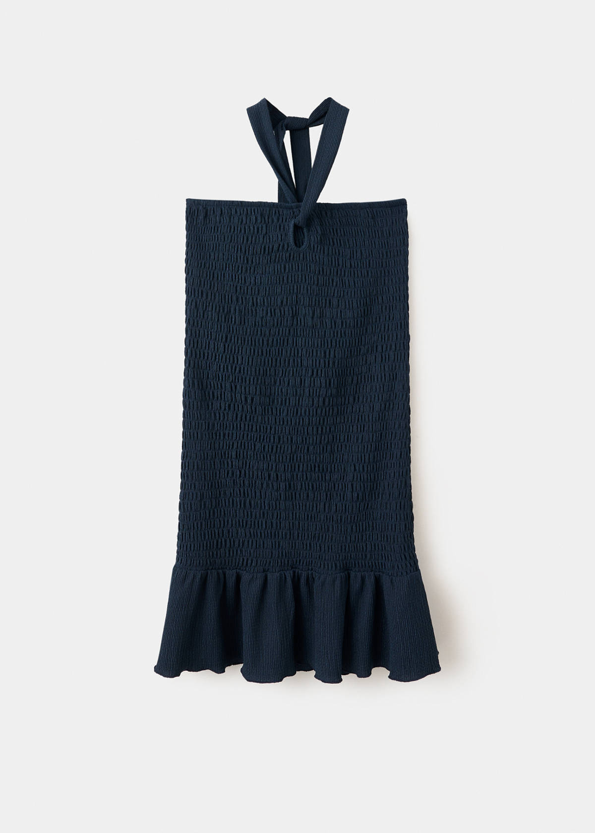 Ruched short dress with flounce hem — Navy