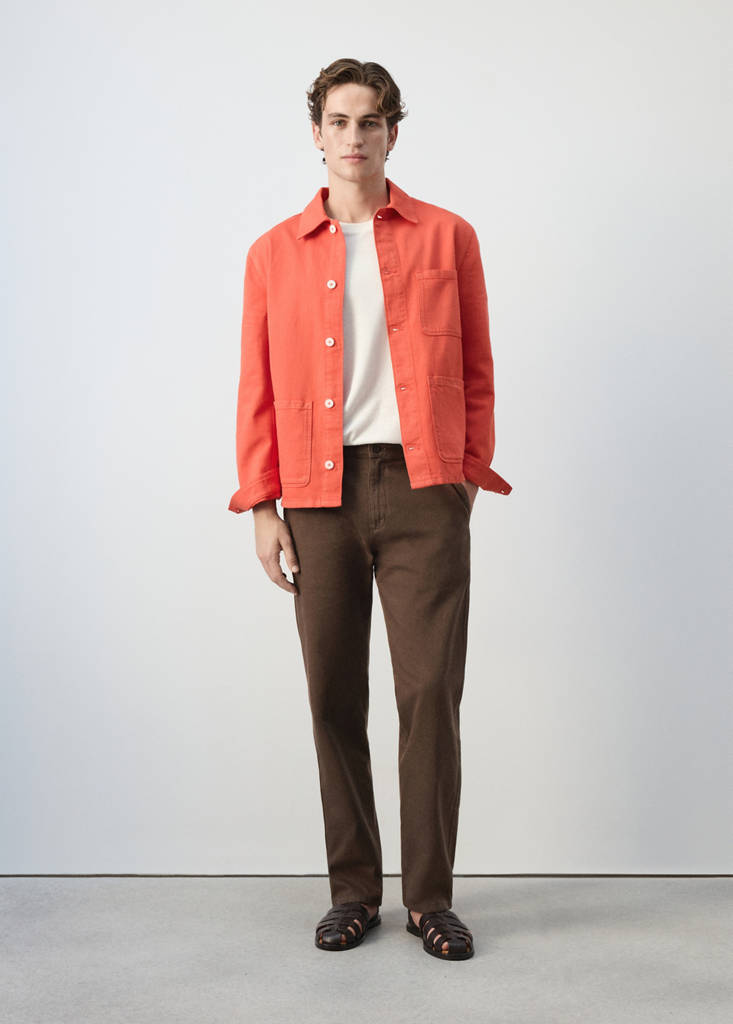 Regular fit cotton-linen overshirt — Coral Red