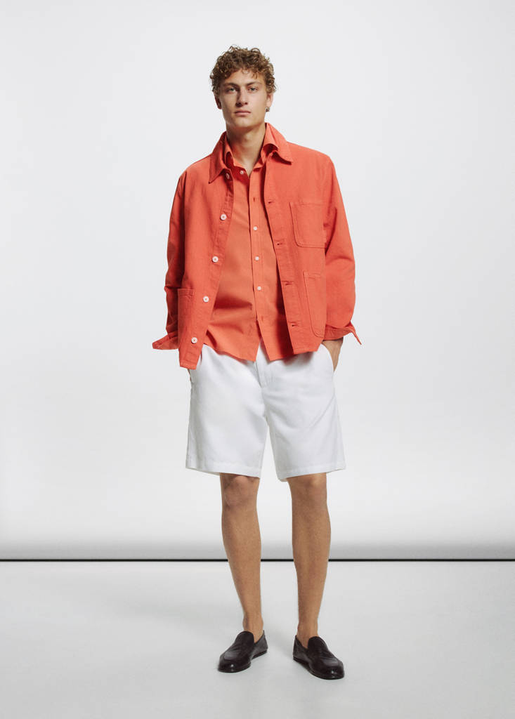 Regular fit cotton-linen overshirt — Coral Red