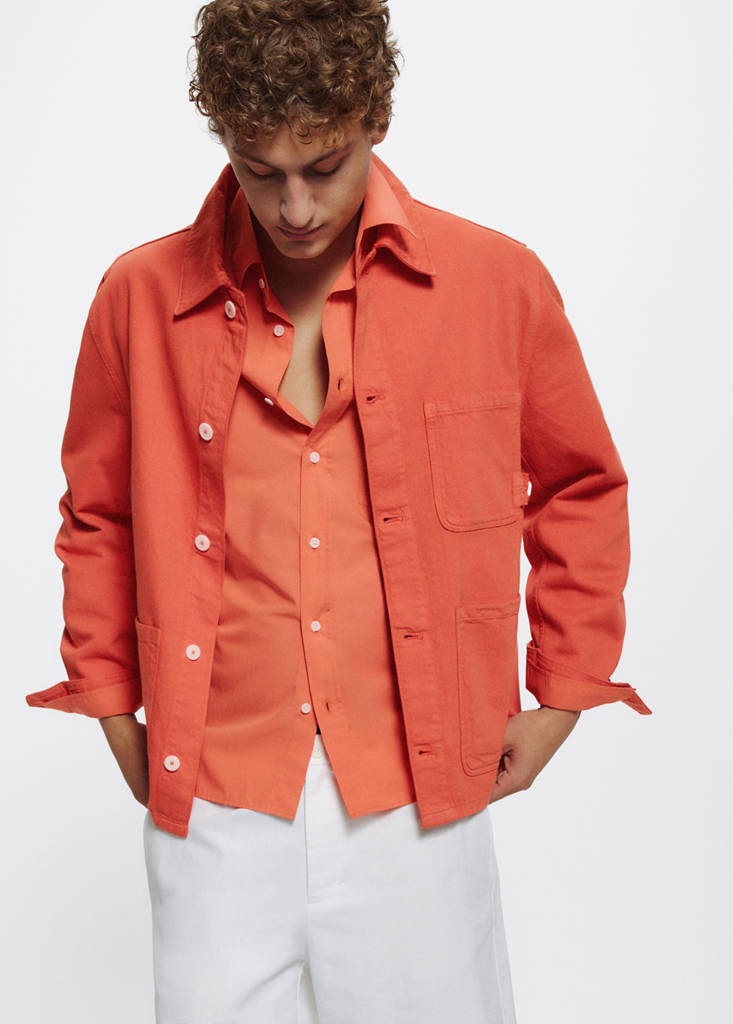 Regular fit cotton-linen overshirt — Coral Red