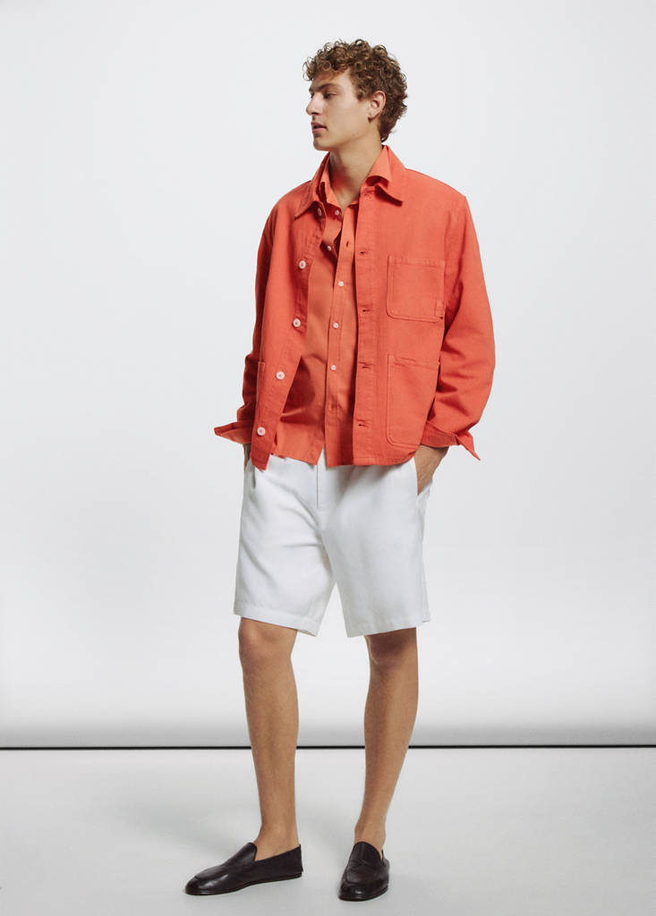 Regular fit cotton-linen overshirt — Coral Red