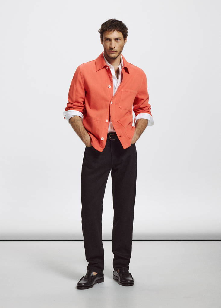 Regular fit cotton-linen overshirt — Coral Red