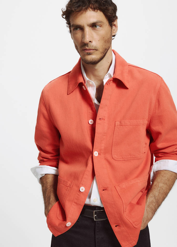 Regular fit cotton-linen overshirt — Coral Red