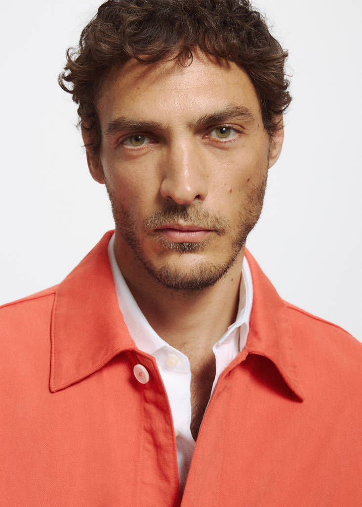 Regular fit cotton-linen overshirt — Coral Red