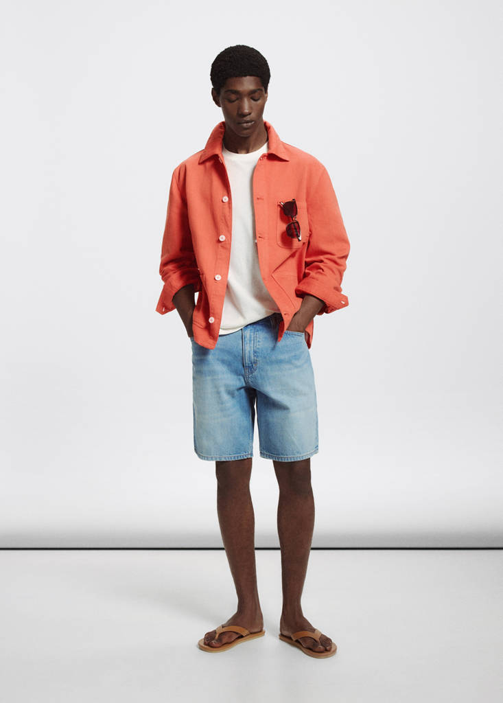 Regular fit cotton-linen overshirt — Coral Red