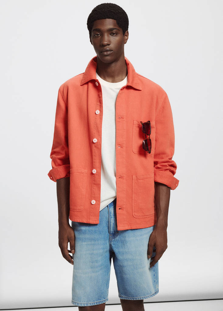 Regular fit cotton-linen overshirt — Coral Red
