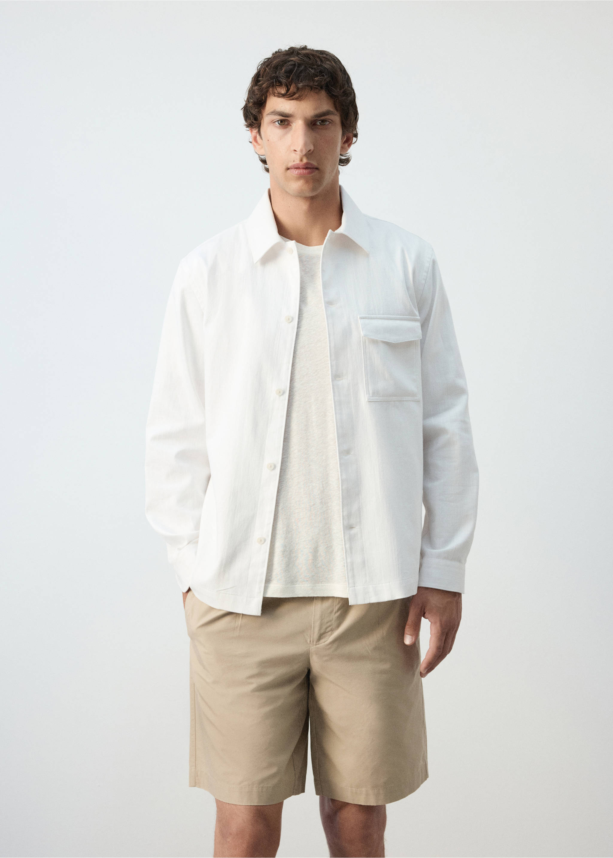 Sobrecamisa regular fit mezcla algodón lino - Plano medio, Blanco. Ref: 37092889-00.