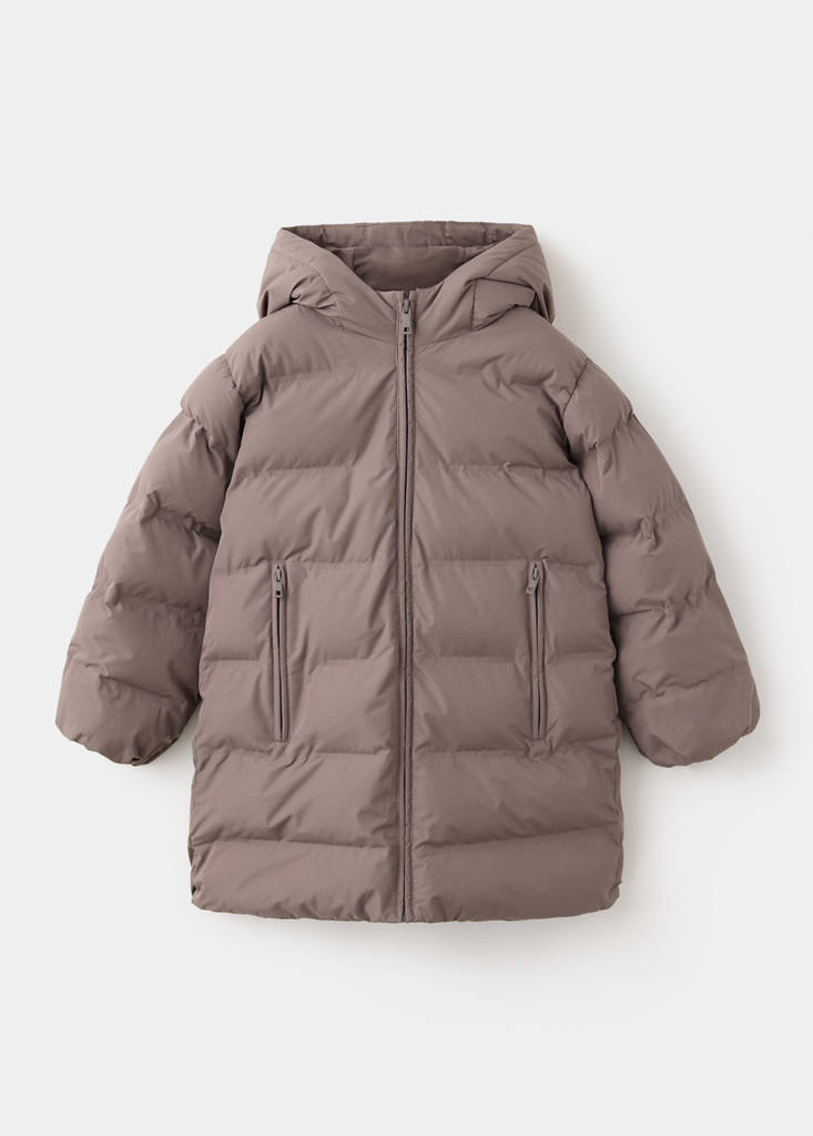Long padded anorak with hood — Medium Brown