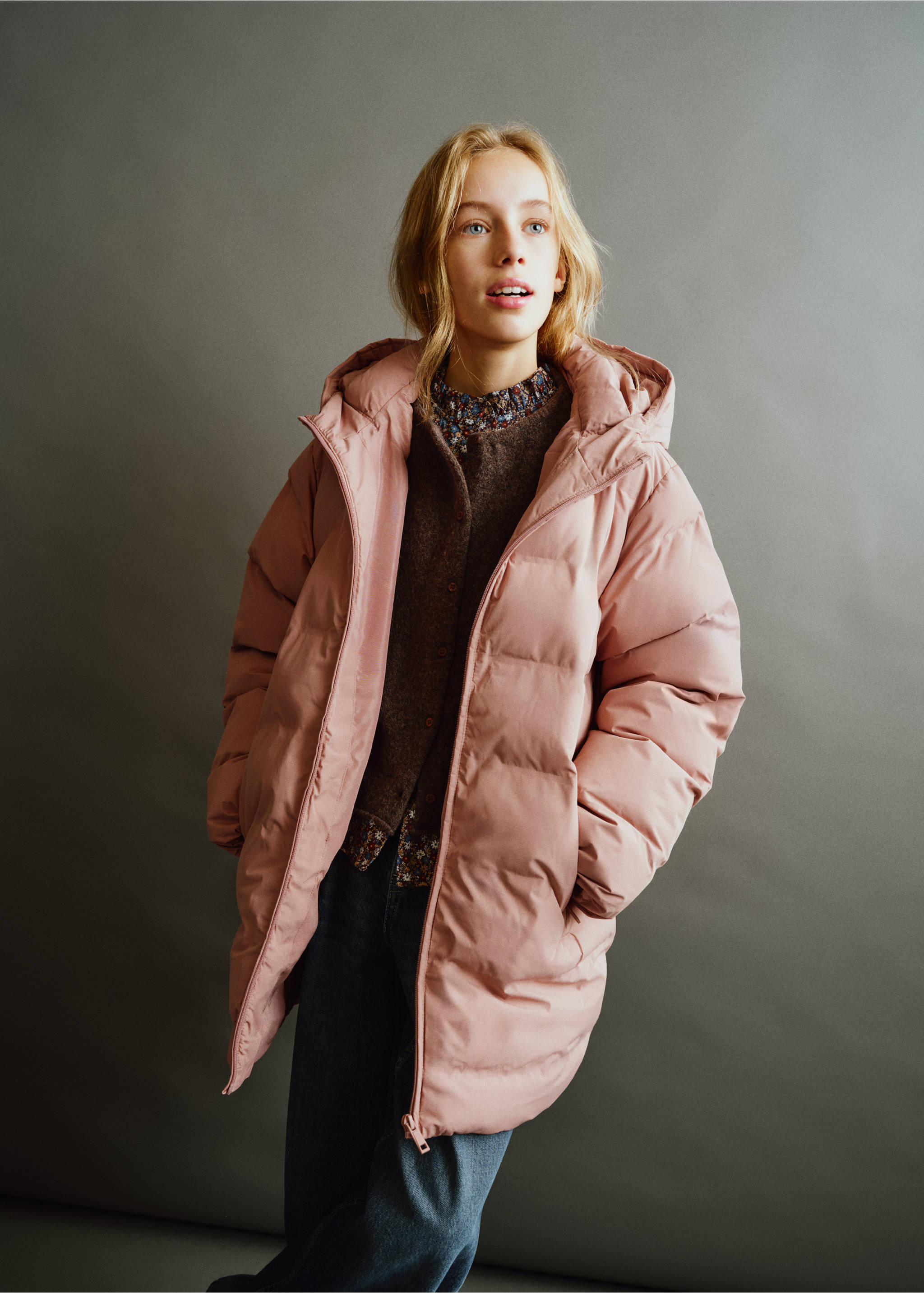 Long padded anorak with hood - Medium plane, Pink. Ref: 37092896-00.