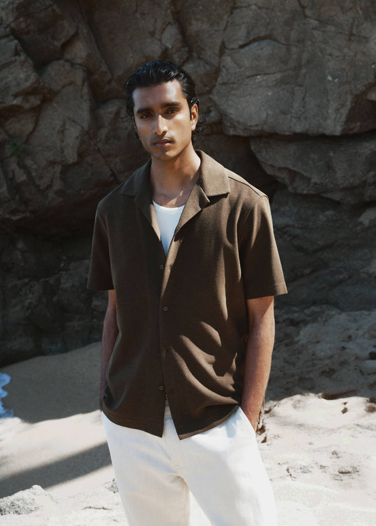Regular fit cotton blend textured shirt — Brown