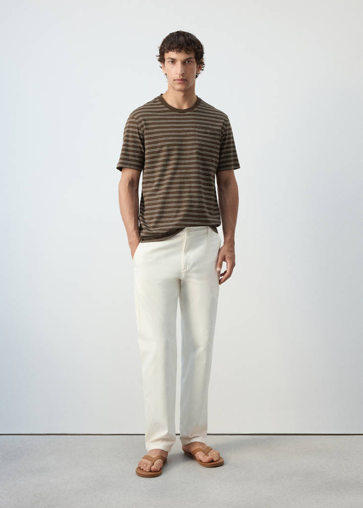 Regular fit cotton-linen blend T-shirt — Chocolate