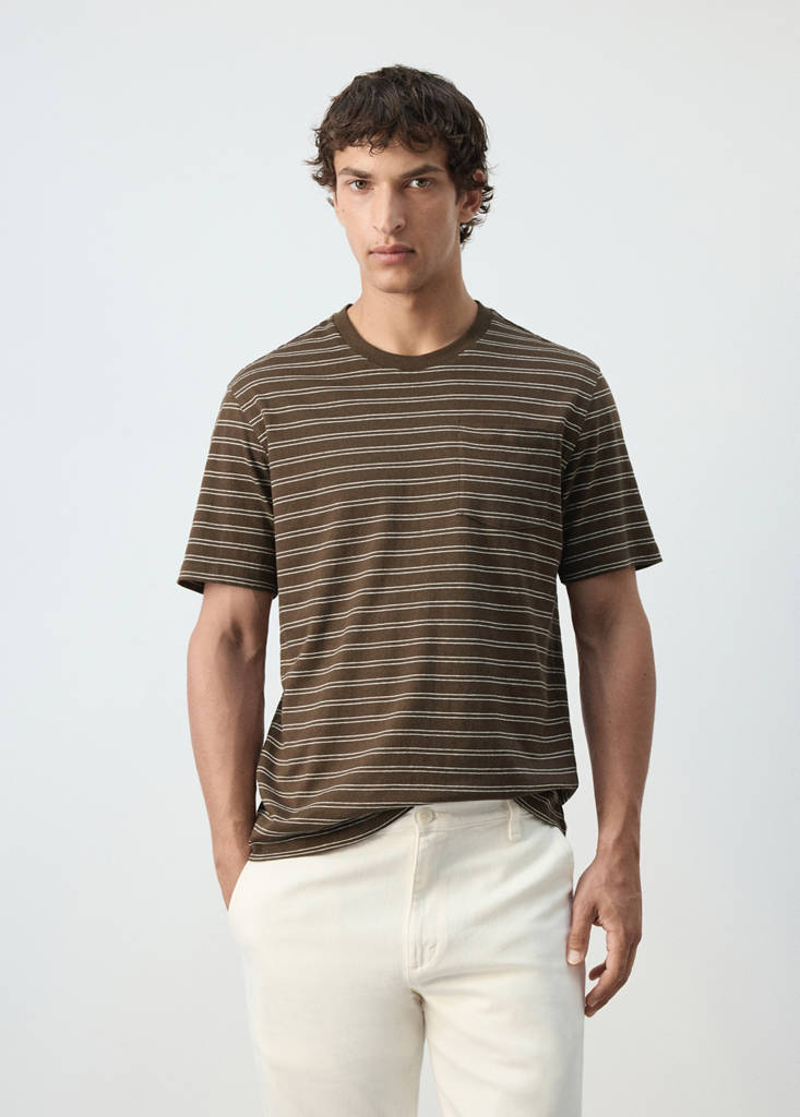 Regular fit cotton-linen blend T-shirt — Chocolate