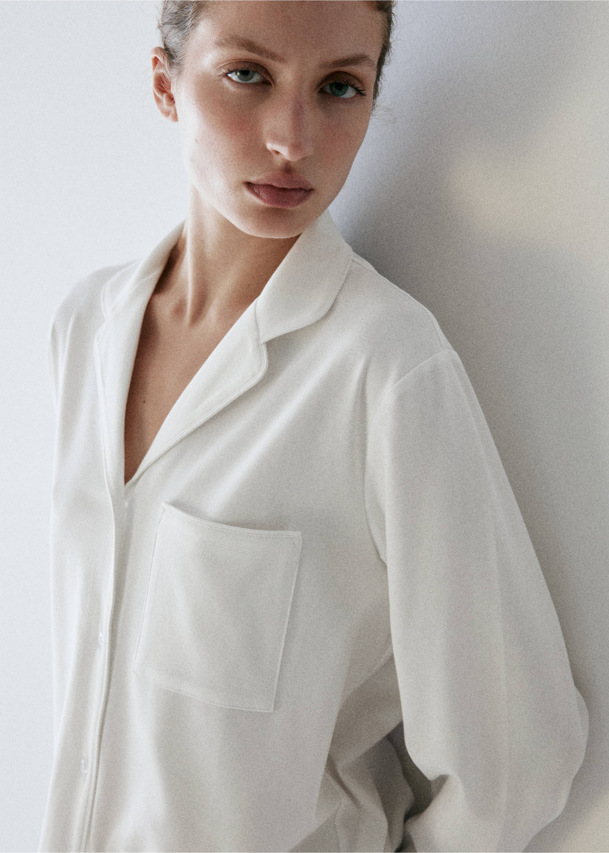 Stretch cotton pyjama shirt - Details of the article 1, White. Ref: 37092913-00.