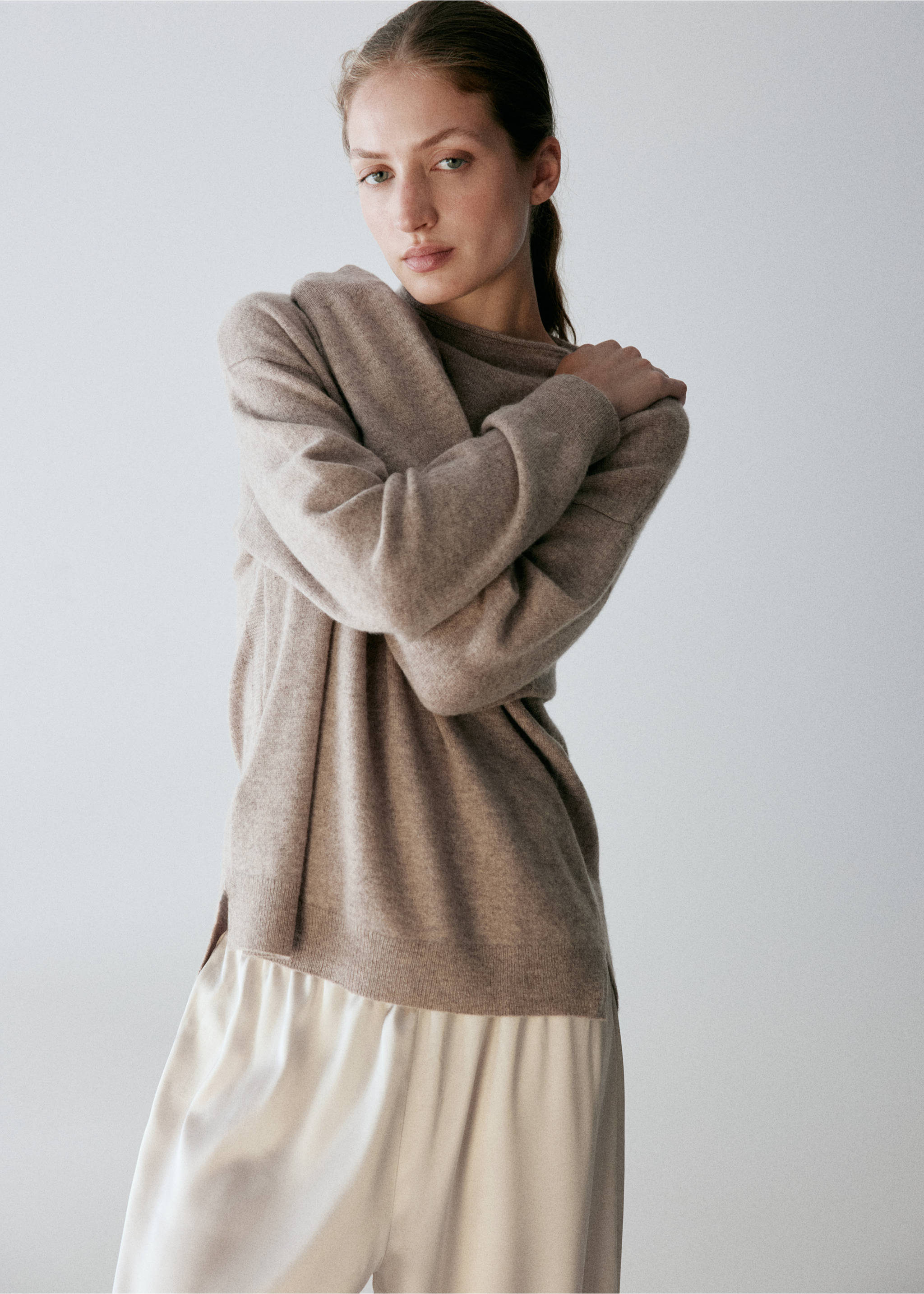 100% cashmere sweater with perkins neck - Medium plane, Beige. Ref: 37092917-00.