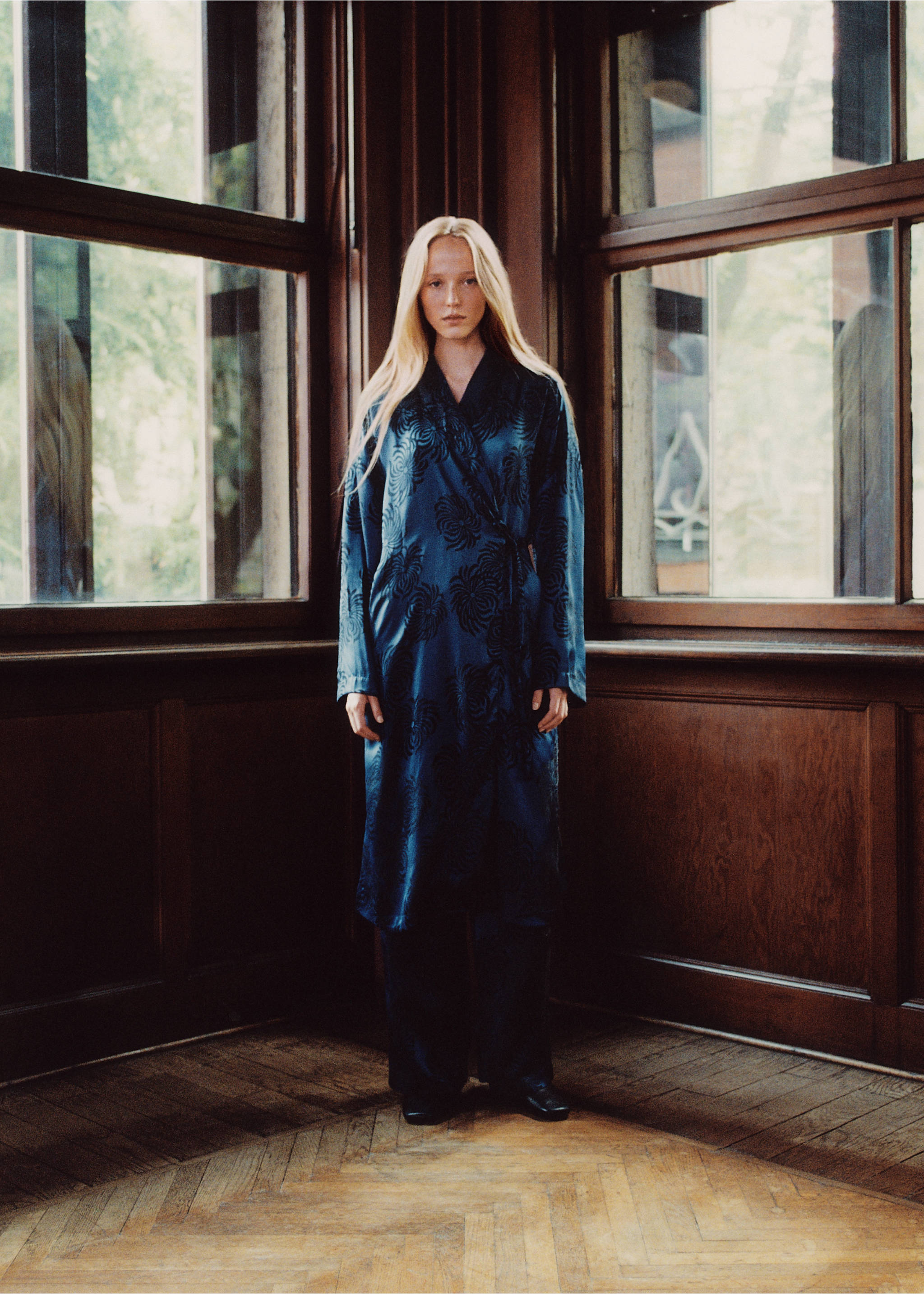 Jacquard satin robe - Details of the article 5, Blue. Ref: 37092919-00.