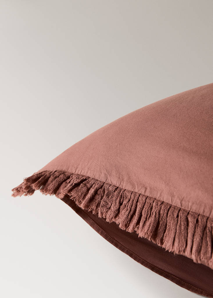 Two washed cotton pillowcases with frayed gauze frill 50x75cm — Medium Pink