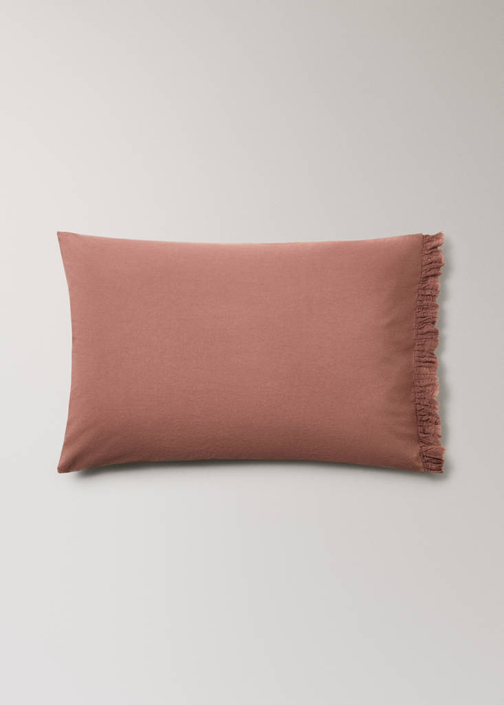 Two washed cotton pillowcases with frayed gauze frill 50x75cm — Medium Pink