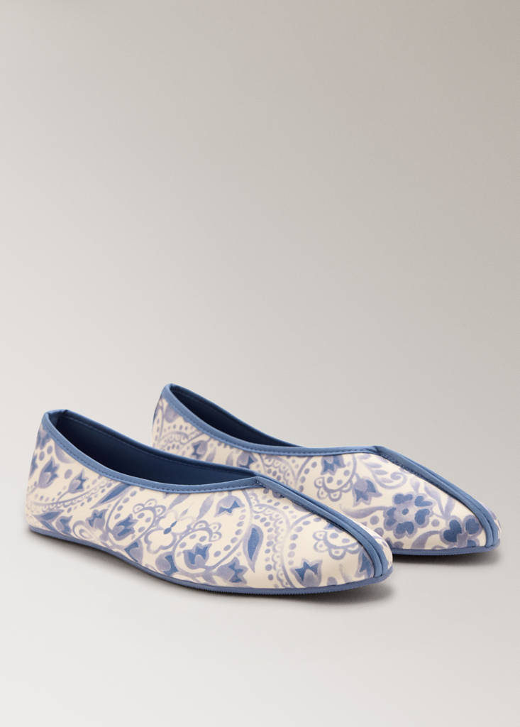 Printed satin ballerina with contrast piping — Blue