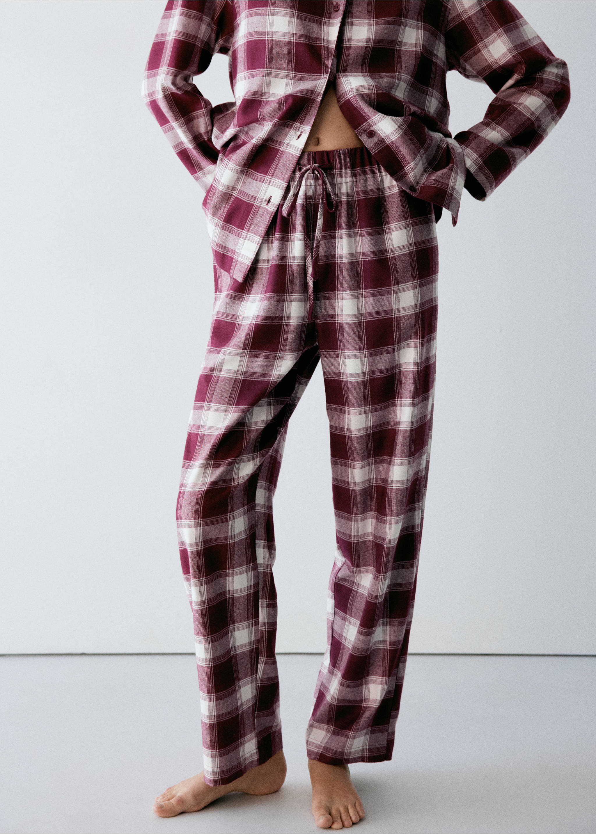 Burgundy and white plaid pyjama trousers with an elasticated drawstring waist., Burgundy. Ref: 37092947-00.