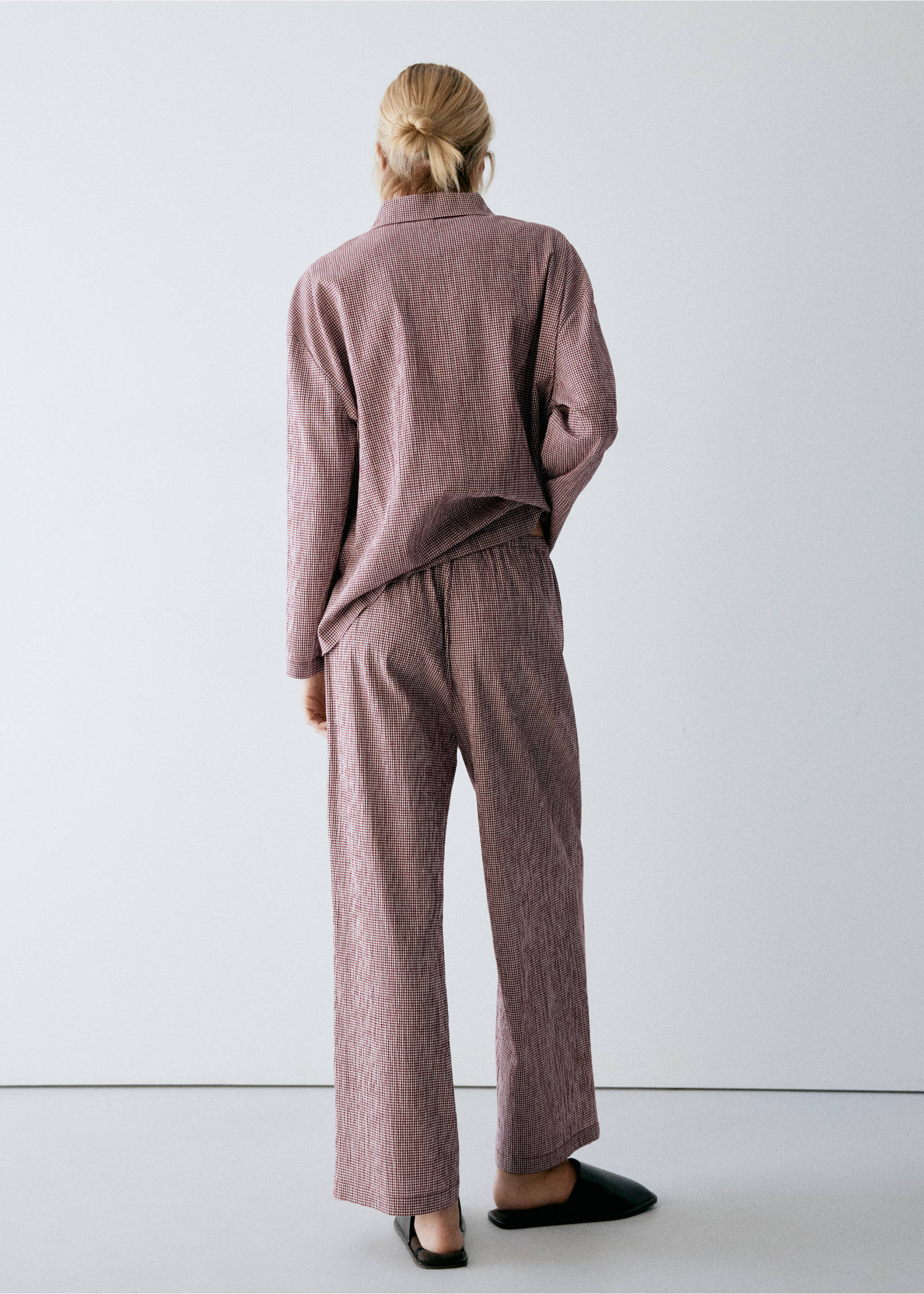 Two-piece cotton pyjamas in gingham check - Reverse of the article, Burgundy. Ref: 37092948-00.