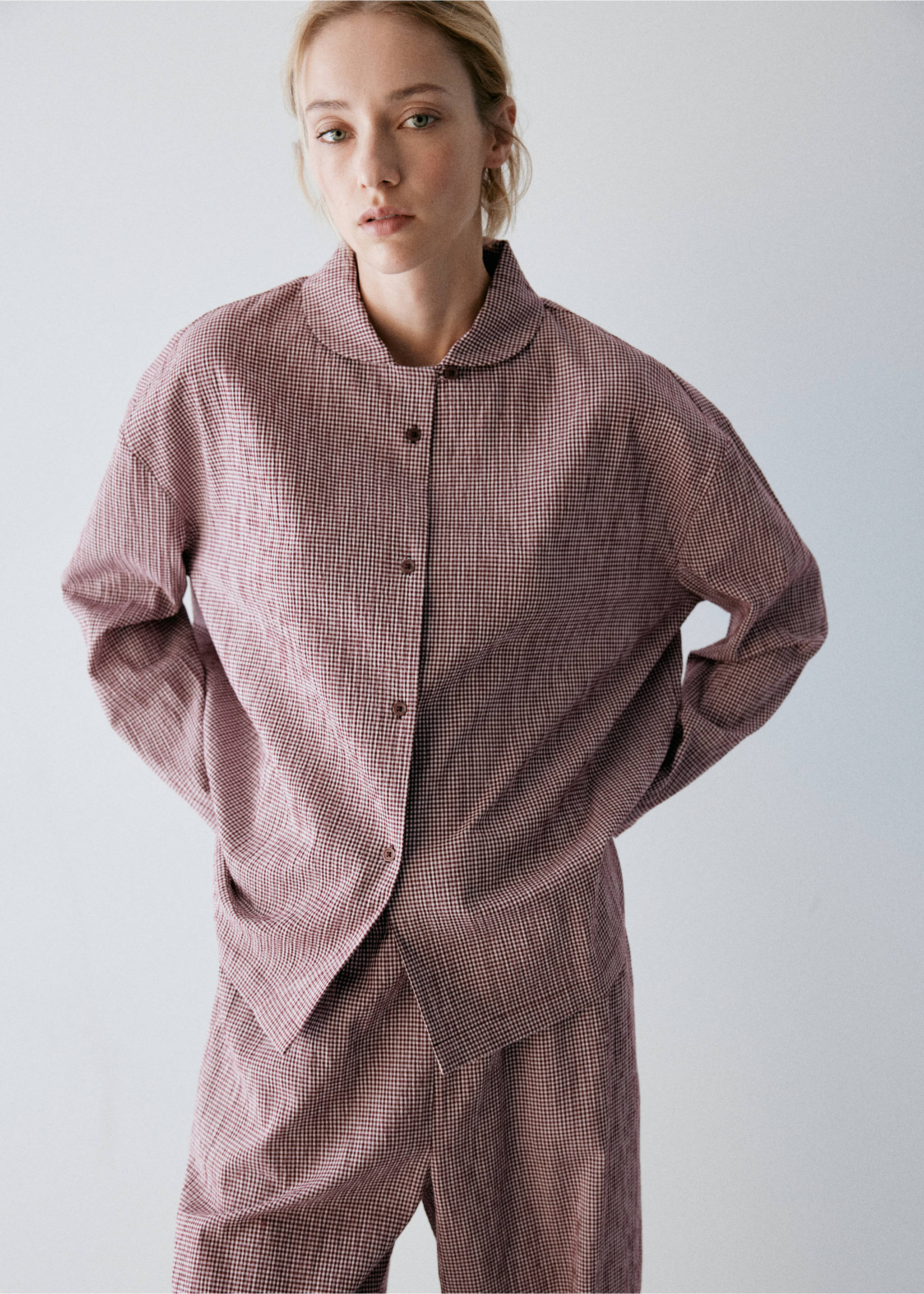 Red and white gingham pyjama set with a Peter Pan collar., Burgundy. Ref: 37092948-00.