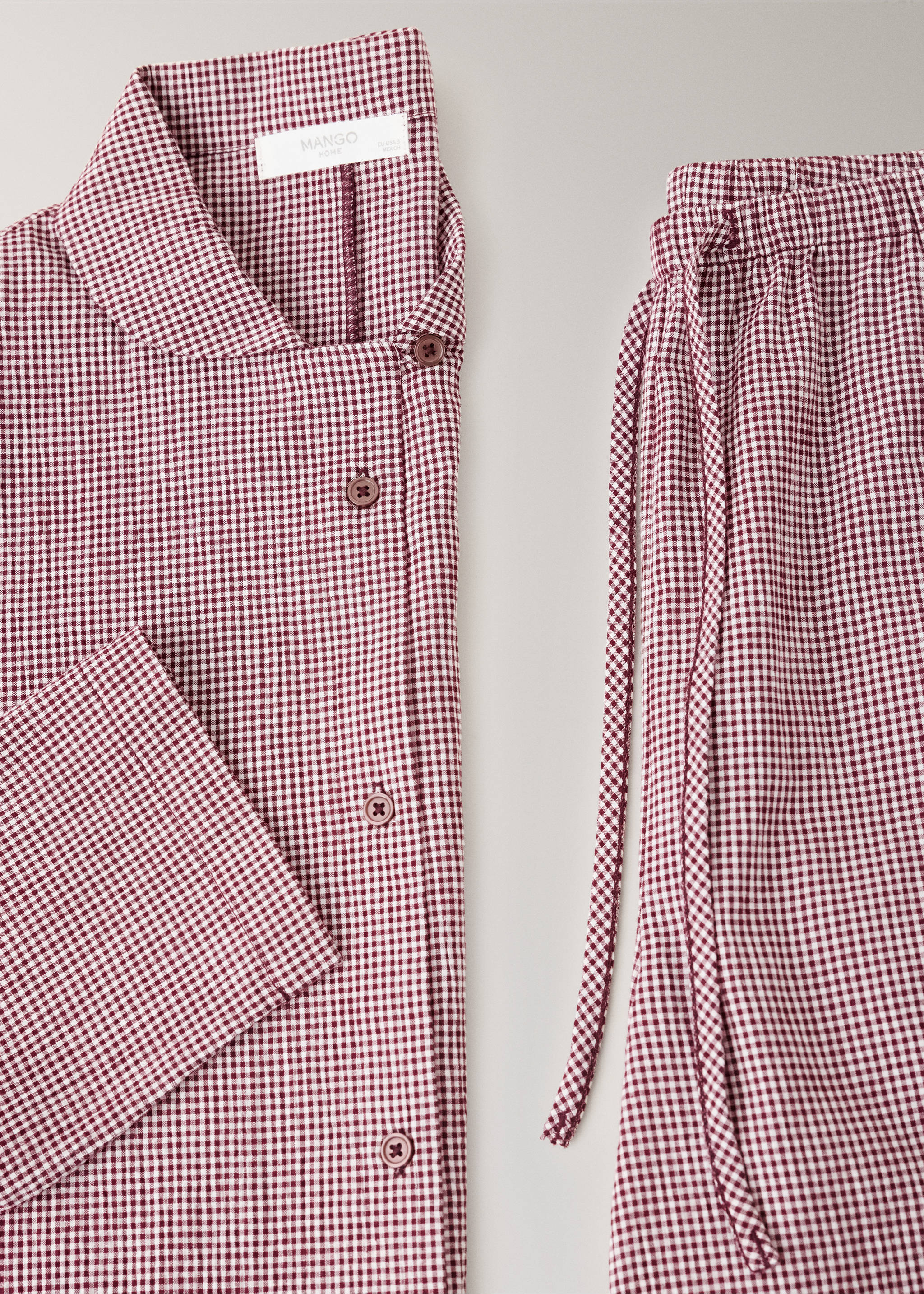 Two-piece cotton pyjamas in gingham check - Details of the article 0, Burgundy. Ref: 37092948-00.