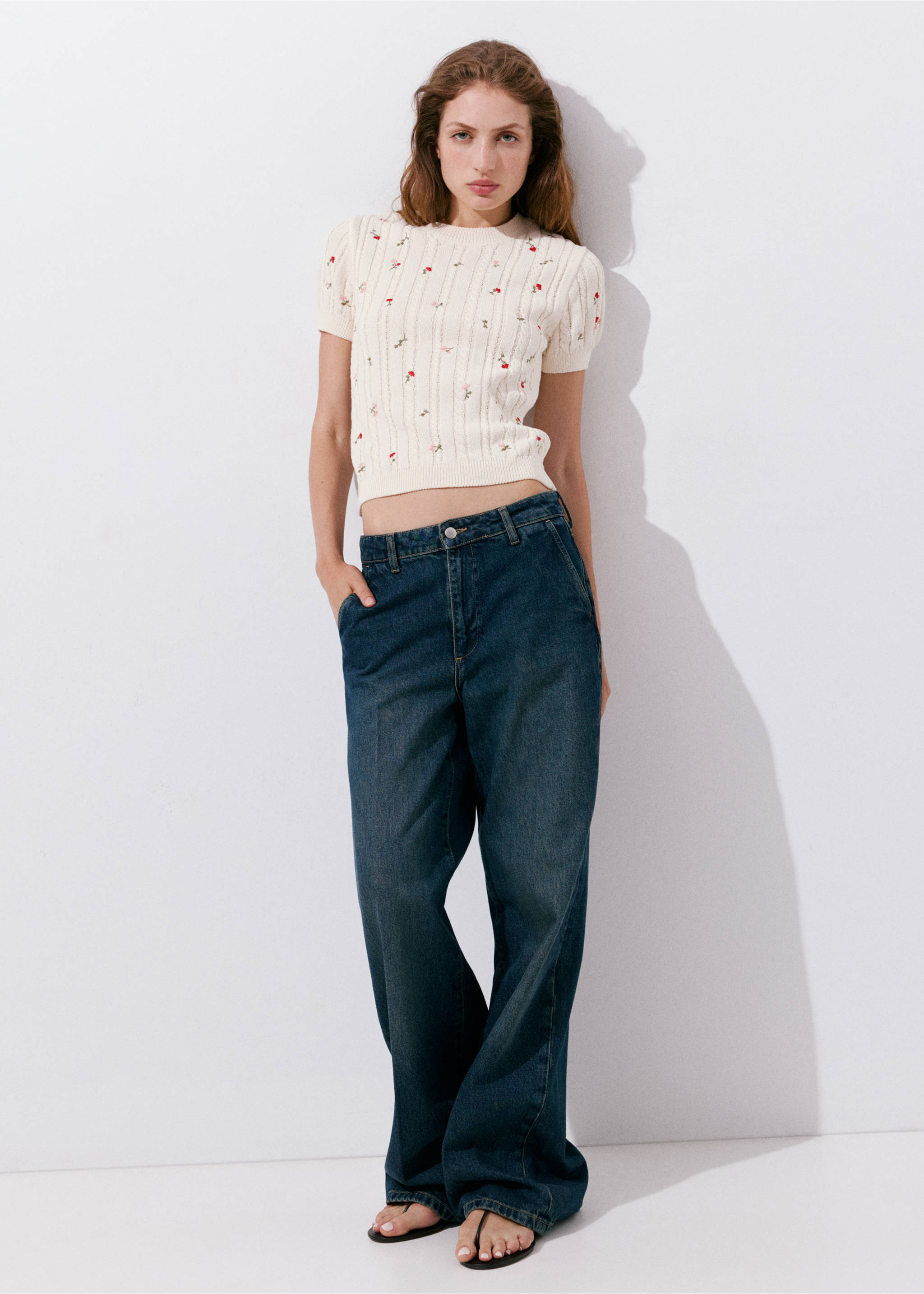 Ribbed jersey with floral embroidery - General plane, Ecru. Ref: 37092952-00.