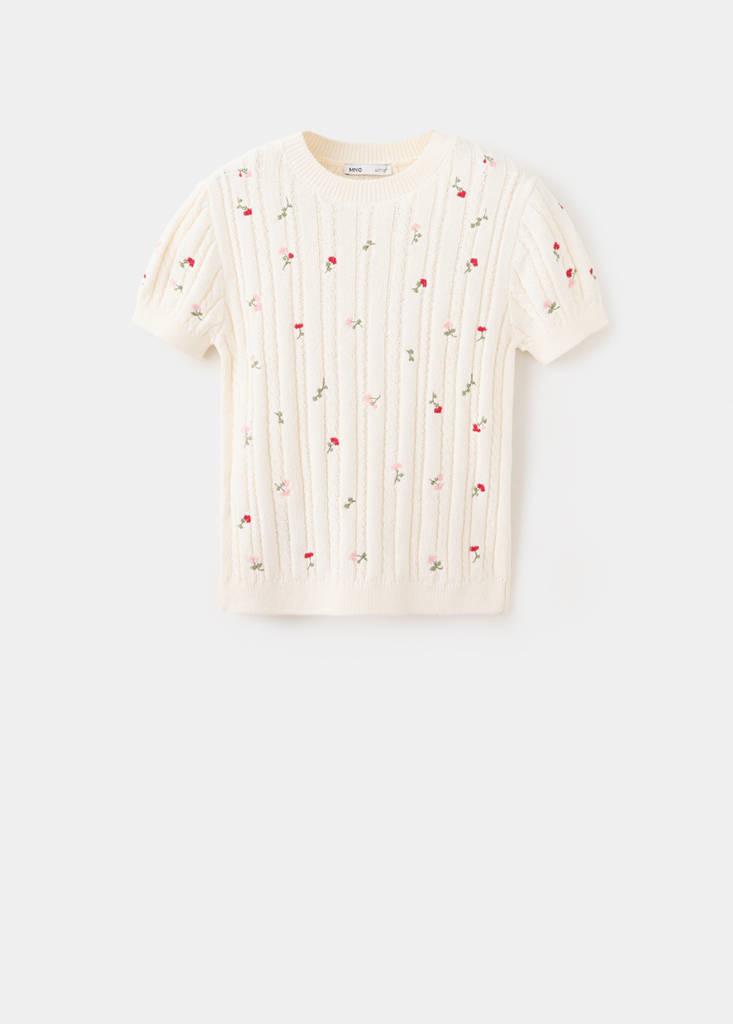 Ribbed jersey with floral embroidery — Ecru