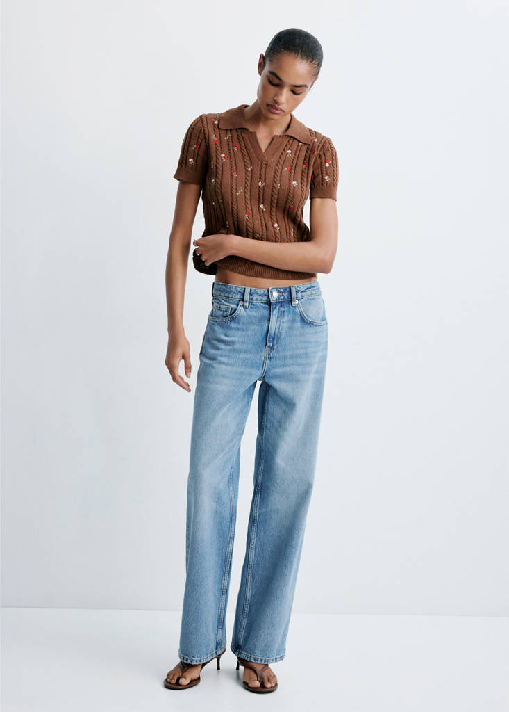 Polo neck jumper with floral embroideries — Brown