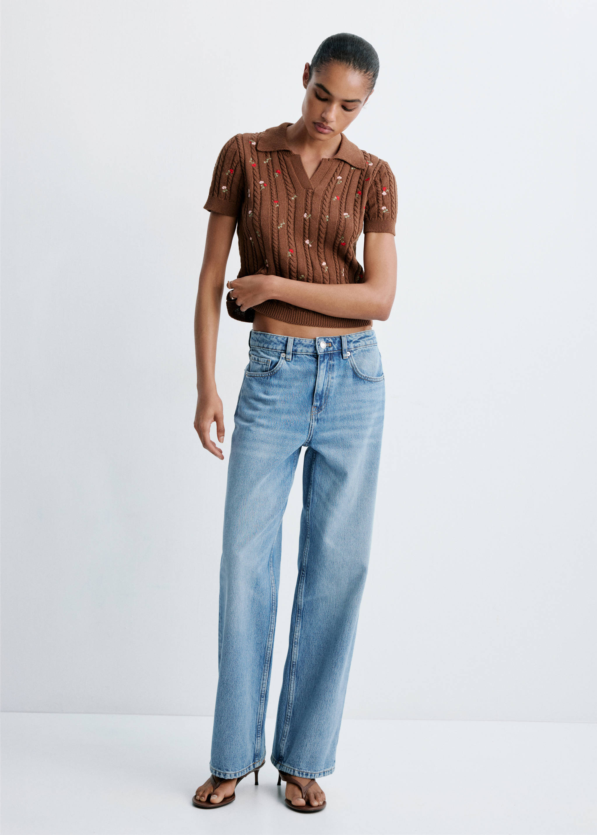 Polo neck jumper with floral embroideries - General plane