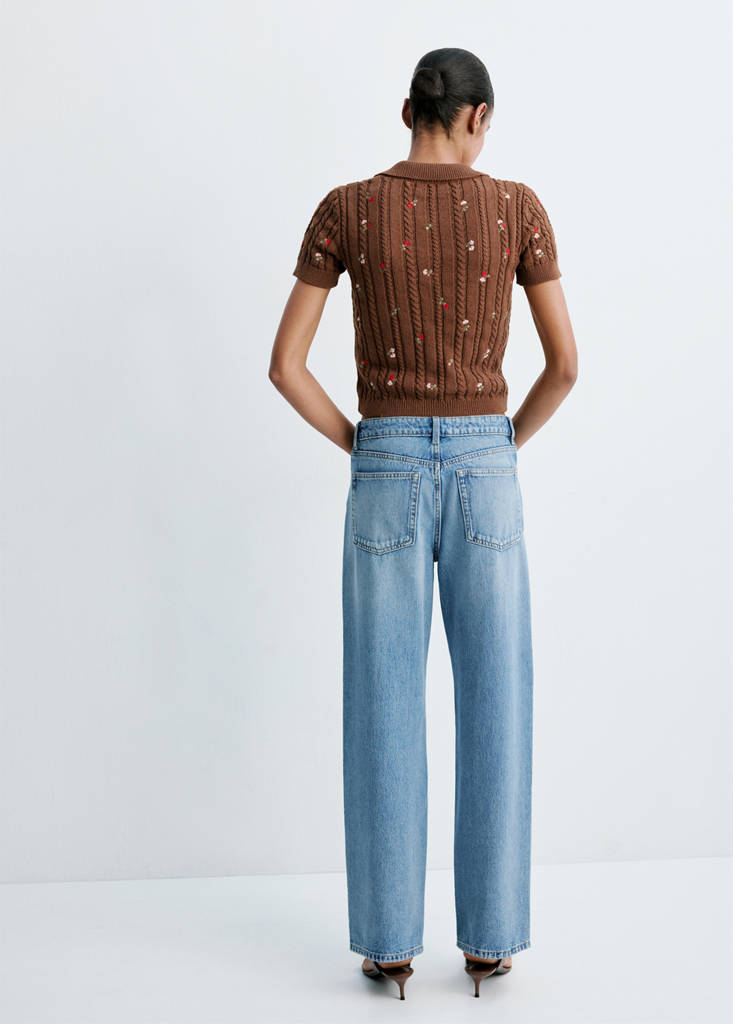 Polo neck jumper with floral embroideries — Brown
