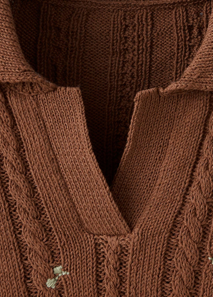 Polo neck jumper with floral embroideries — Brown