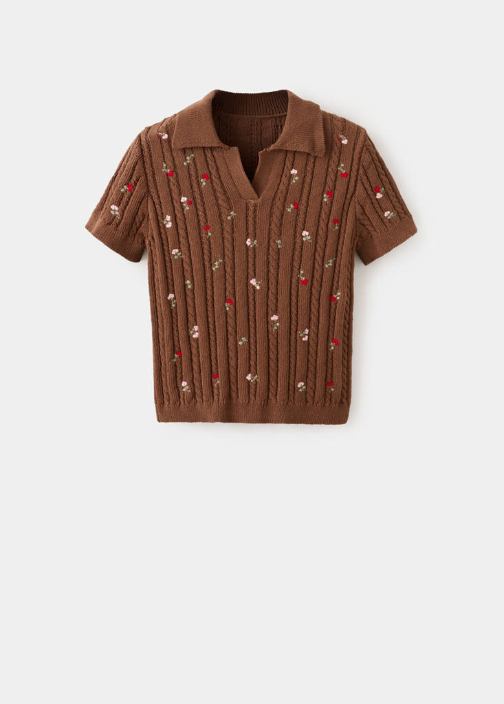Polo neck jumper with floral embroideries — Brown