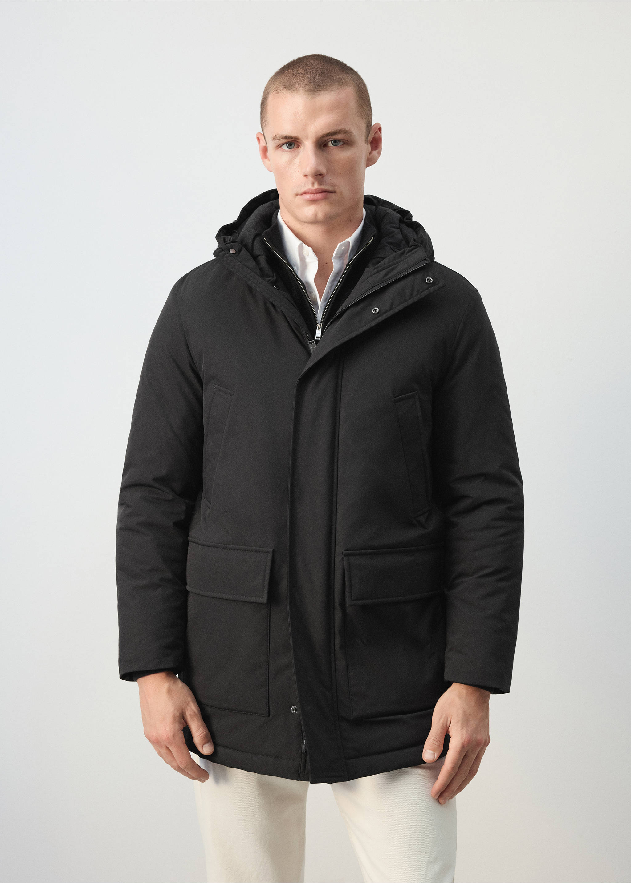 Parka water-repellent bolsillos - Plano medio, Negro. Ref: 37093273-00.