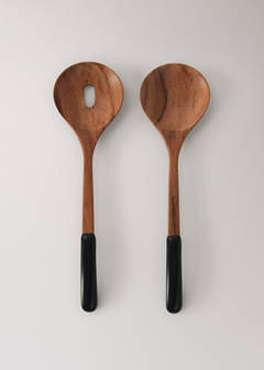 Wooden salad cutlery set with black detail — Brown 4