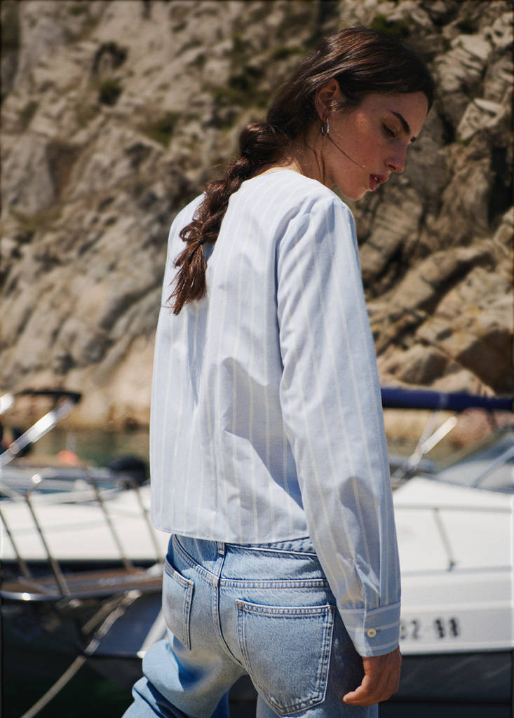 Striped cotton-blend shirt — Sky Blue