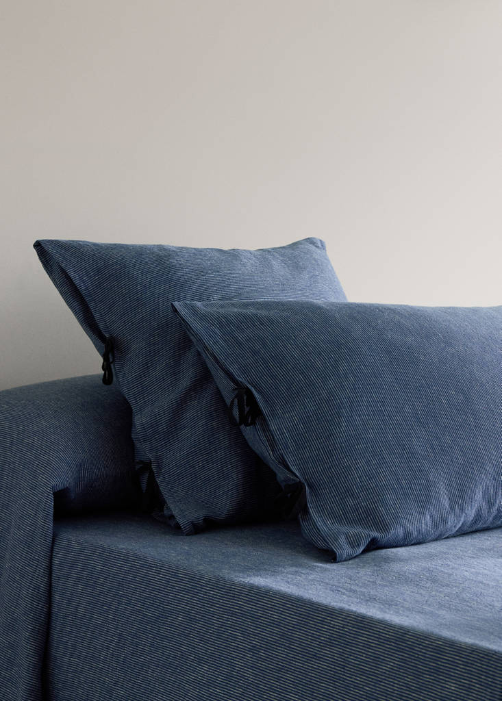 Two linen-cotton blend striped pillowcases, 45 x 110 cm — Indigo Blue