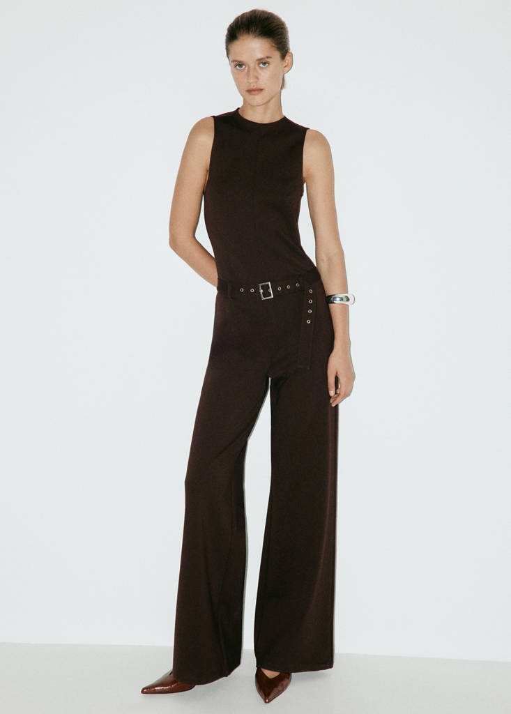 Long jumpsuit with belt and buckle — Brown