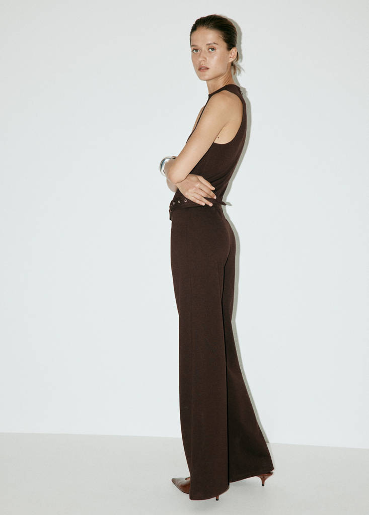 Long jumpsuit with belt and buckle — Brown