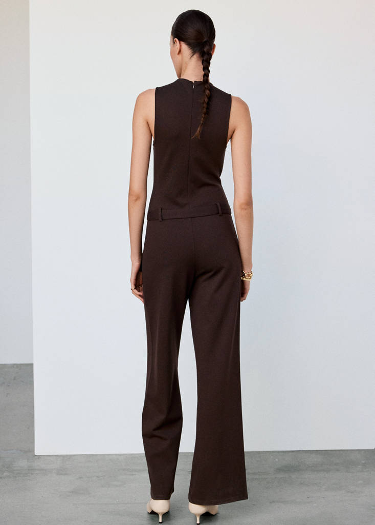 Long jumpsuit with belt and buckle — Brown