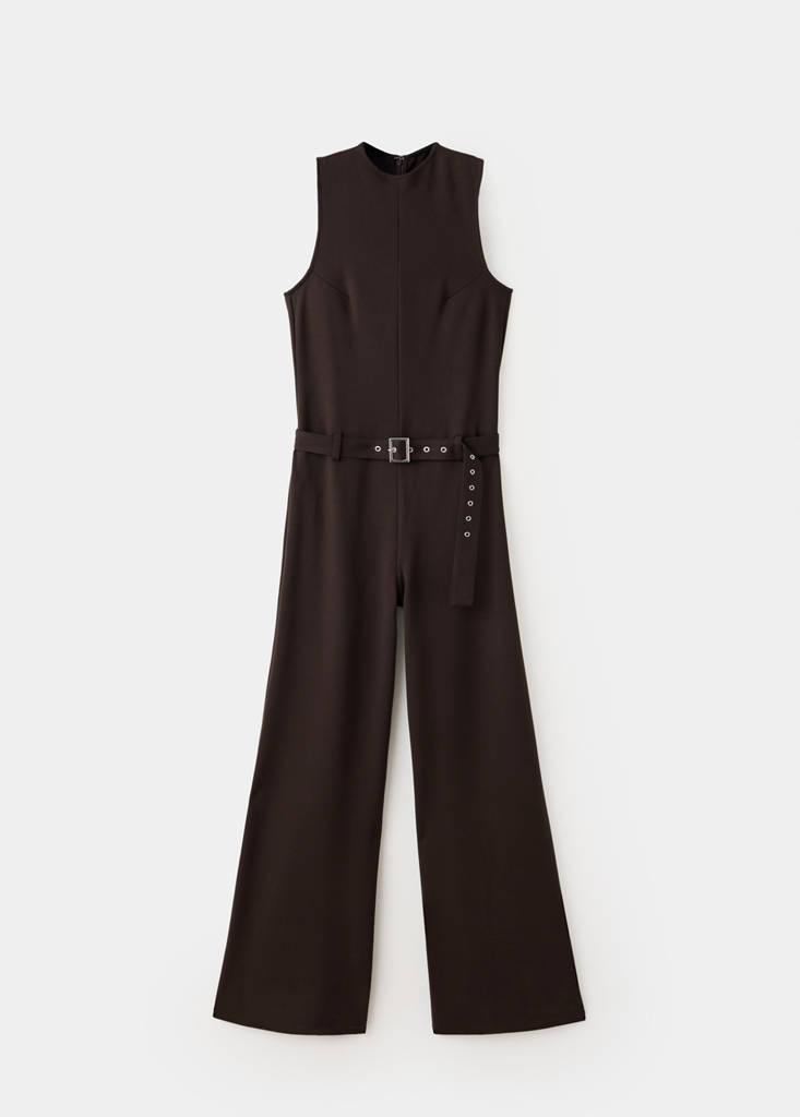 Long jumpsuit with belt and buckle — Brown