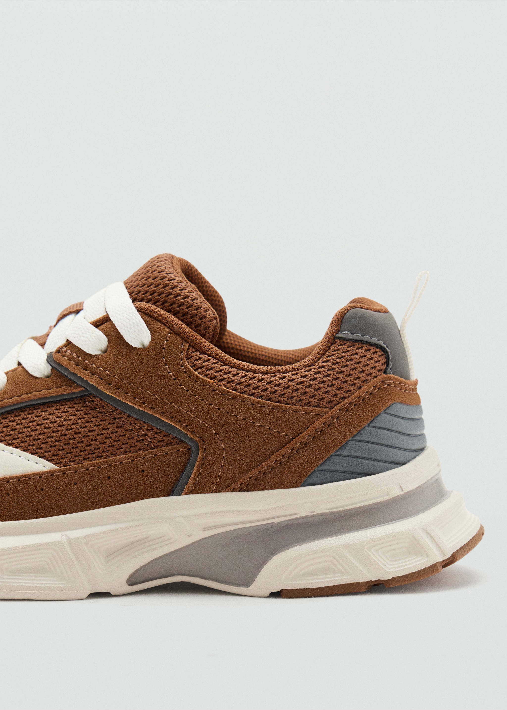 Brown children's trainer with mesh panels and a chunky cream sole., Chocolate. Ref: 37094071-00.