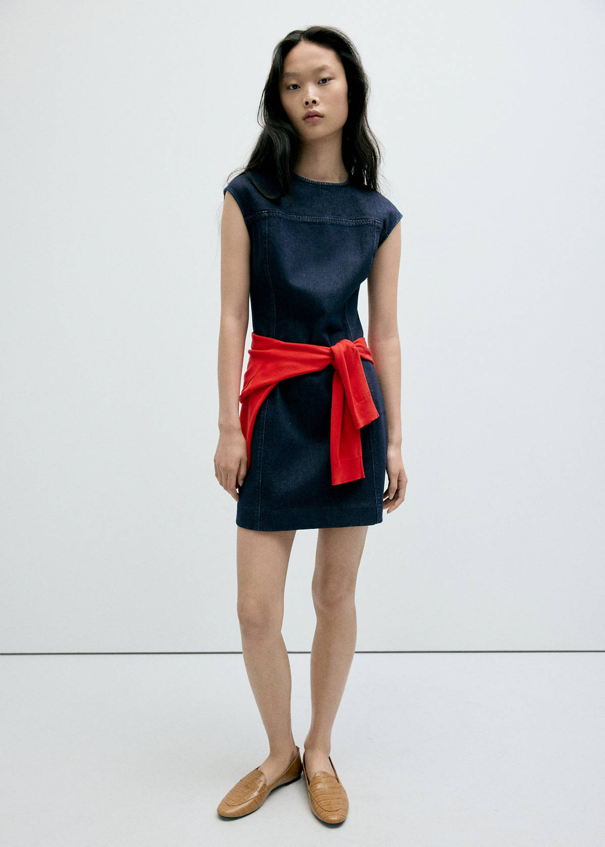 Denim dress with topstitching details — Open Blue