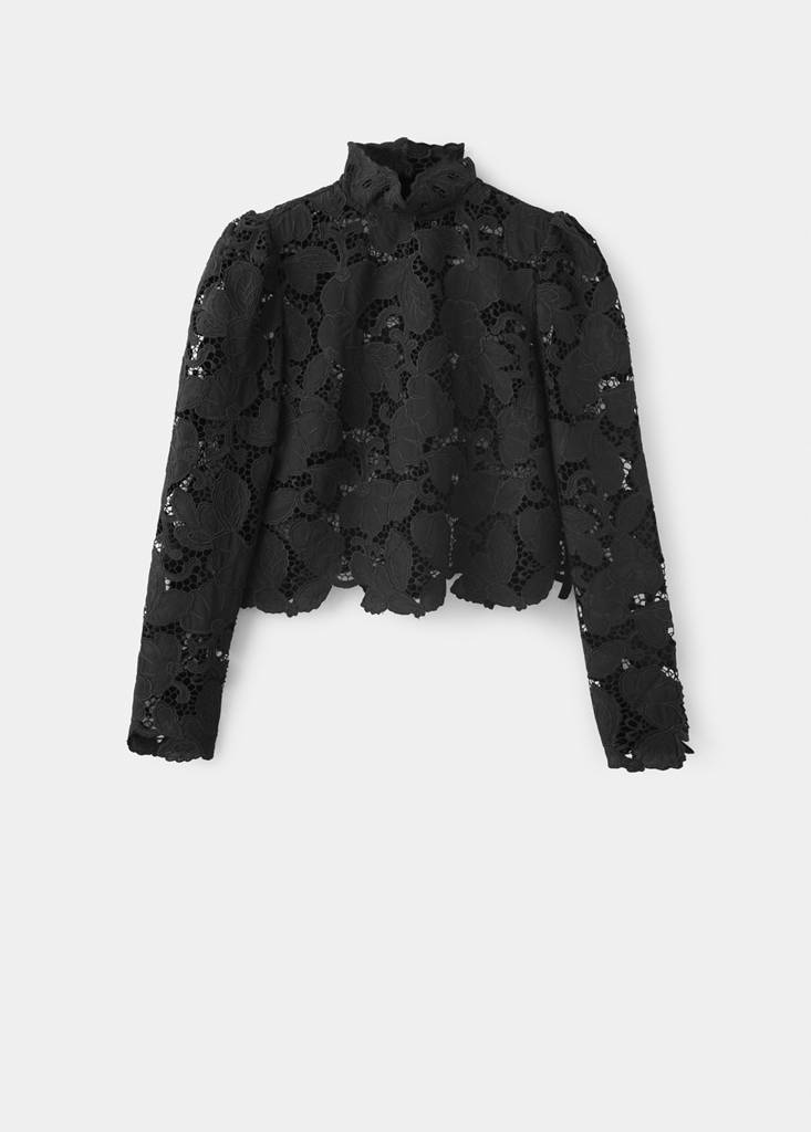 Guipure blouse with a tie neck — Black